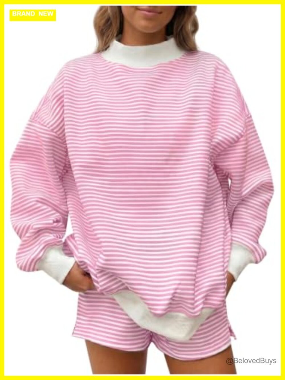 Striped 2 Piece Sweatshirt & Shorts Set Mock Neck Lantern Sleeve Lounge